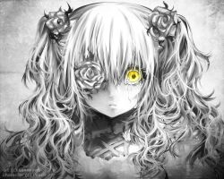 Rule 34 | 1girl, closed mouth, commentary, crying, crying with eyes open, english commentary, expressionless, flower, flower over eye, frilled shirt, frills, greyscale, hair between eyes, hair flower, hair ornament, kirakishou, long bangs, long hair, looking at viewer, monochrome, rose, rozen maiden, shirt, solo, sonnyaws, spot color, tears, upper body, wavy hair, yellow eyes