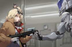 Rule 34 | 1girl, 1other, animal, animal on head, bent barrel, bird, bird on head, blonde hair, brown jacket, cowboy shot, curly hair, eyewear on head, fluorescent lamp, frilled skirt, frills, from side, girls&#039; frontline, gloves, gun, hair ornament, hairclip, helmet, henshako, holding, holding weapon, id card, jacket, mechanical arms, o o, on head, open clothes, open jacket, parody, robocop, side ponytail, skirt, sterling (girls&#039; frontline), sterling smg, sterling submachine gun, strelet (girls&#039; frontline), submachine gun, sunglasses, sweatdrop, weapon, white gloves, yellow eyes