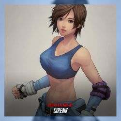 Rule 34 | 1girl, abs, artist name, beige background, blue border, blue sleeves, blue sports bra, border, breasts, brown eyes, brown hair, character name, cirenk, cleavage, clenched hand, clothes around waist, collarbone, commentary, detached sleeves, elbow pads, english commentary, fingerless gloves, gloves, kazama asuka, large breasts, lips, midriff, namco, navel, second-party source, short hair, solo, sports bra, swept bangs, teeth, tekken, tekken 5, upper teeth only, white gloves
