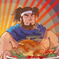 Rule 34 | 1boy, bara, beard, character request, chicken (food), dogephalus, facial hair, food, headband, holding, holding plate, large pectorals, male focus, muscular, muscular male, nipples, pectorals, plate, ponytail, scarf, short hair, smelling, solo, thick eyebrows, topless male, upper body