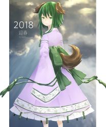 Rule 34 | 1girl, 2018, animal ears, closed mouth, cloud, cloudy sky, commentary request, dress, egret, green eyes, green hair, highres, kasodani kyouko, looking at viewer, outdoors, purple dress, sash, short hair with long locks, sky, sleeves past wrists, smile, solo, standing, tail, tassel, touhou, twitter username, wide sleeves