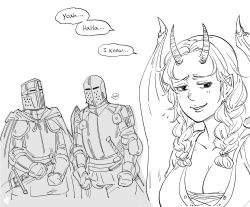 Rule 34 | 1girl, 2boys, armor, bad id, bb (baalbuddy), braid, breasts, cape, cleavage, closed mouth, commentary, demon girl, demon horns, demon wings, english commentary, english text, full armor, gauntlets, greyscale, helmet, highres, horns, inactive account, large breasts, monochrome, multiple boys, original, pathfinder, pointy ears, simple background, smile, sweatdrop, sword, twin braids, weapon, white background, wide-eyed, wings