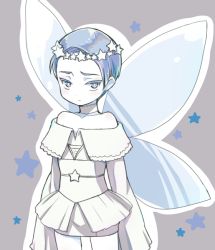 Rule 34 | 1other, alternate costume, amimi, androgynous, bare shoulders, cairngorm (houseki no kuni), choker, colored eyelashes, dress, fairy wings, grey background, grey hair, houseki no kuni, looking at viewer, pout, short hair, sleeves past wrists, solo, white dress, wings