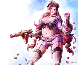 Rule 34 | 1girl, alternate costume, belt, blue eyes, breasts, casing ejection, dual wielding, front-tie top, garter belt, gun, heart, holding, large breasts, league of legends, loiza, long hair, looking at viewer, midriff, navel, red hair, miss fortune (league of legends), shell casing, shorts, solo, submachine gun, thighhighs, weapon