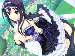 Rule 34 | 1boy, 1girl, ass, black gloves, black hair, black panties, blush, grabbing another&#039;s breast, breast hold, breast slip, breasts, brown eyes, clothes lift, detached sleeves, dress, dress lift, flower, game cg, garden, girl on top, gloves, gothic lolita, grabbing, hair flower, hair ornament, hairband, hetero, iizuki tasuku, izumi wakoto, large breasts, lolita fashion, long hair, looking at viewer, lovely x cation 2, nipples, one breast out, panties, pants, sitting, sitting on lap, sitting on person, smile, underwear