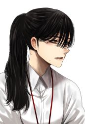 Rule 34 | 1girl, alternate hairstyle, black hair, blouse, collared shirt, grey eyes, highres, hoshi san 3, long hair, mole, mole under eye, mole under mouth, office lady, original, parted lips, ponytail, shirt, simple background, solo, upper body, white background, white shirt, wing collar, yamifuka-san (hoshi san 3)