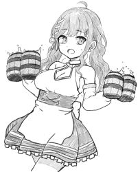 Rule 34 | 1girl, alcohol, armpit peek, beer, beer mug, breasts, cropped legs, cup, detached sleeves, dress, fortissimo, greyscale, hair ornament, holding, holding cup, korean commentary, long hair, looking to the side, medium breasts, miori celesta, monochrome, mug, musical note, musical note hair ornament, open mouth, sizeaton, sketch, solo, treble clef, tsunderia, virtual youtuber, white background