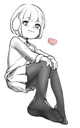 Rule 34 | 1girl, blush, bob cut, buttons, coat, earmuffs, feet, full body, hands on own knees, heart, highres, kayoko (panchlora), looking at viewer, no shoes, osomatsu-san, pantyhose, pleated skirt, short-haired girl (osomatsu-san), short hair, sitting, skirt, smile, spot color