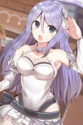 Rule 34 | 1girl, absurdres, bare shoulders, blue eyes, blurry, blurry background, blush, breasts, cleavage, collarbone, commentary request, detached sleeves, gem, hair between eyes, headband, highres, long hair, looking at viewer, masa masa, medium breasts, open mouth, princess connect!, princess connect!, purple hair, salute, shizuru (princess connect!), sleeveless, solo