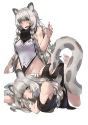 Rule 34 | 1girl, absurdres, all fours, alternate costume, animal ear fluff, animal ears, arknights, bare legs, barefoot, black dress, black hair, blush, breasts, china dress, chinese clothes, closed mouth, dress, fur collar, grey eyes, highres, large breasts, leopard ears, leopard tail, long hair, multicolored hair, multiple views, open mouth, pelvic curtain, pramanix (arknights), shizuoxing kof, sideboob, silver hair, simple background, sleeveless, tail, thighs, two-tone hair, wavy hair, wavy mouth, white background