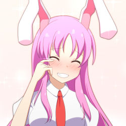 Rule 34 | 1girl, :d, ^ ^, animal ears, blush, cato (monocatienus), closed eyes, collared shirt, closed eyes, grin, happy, happy tears, legacy of lunatic kingdom, long hair, necktie, open mouth, purple hair, rabbit ears, red necktie, reisen udongein inaba, school uniform, shirt, smile, solo, tearing up, tears, touhou, wiping tears