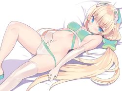 Rule 34 | 1girl, angela balzac, bare shoulders, bed sheet, bikini, blade (galaxist), blonde hair, blue eyes, blush, breasts, closed mouth, commentary request, elbow gloves, gloves, green bikini, hair between eyes, hair ornament, hand in bikini, headgear, long hair, looking at viewer, low twintails, lying, medium breasts, mismatched bikini, navel, on back, rakuen tsuihou, single thighhigh, skindentation, solo, star (symbol), star hair ornament, swimsuit, thighhighs, twintails, very long hair, white bikini, white gloves, white thighhighs