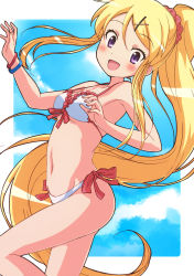 Rule 34 | 1girl, :d, absurdres, armpits, bare arms, bare shoulders, bikini, bikini top only, blonde hair, blue sky, blush, breasts, cloud, collarbone, day, fingernails, frilled bikini, frilled bikini top, frills, front-tie bikini top, front-tie top, hair between eyes, hair ornament, hair scrunchie, hairclip, halterneck, hands up, high ponytail, highres, kin-iro mosaic, kujou karen, long hair, navel, nyama, open mouth, pink scrunchie, ponytail, purple eyes, scrunchie, sky, small breasts, smile, solo, standing, standing on one leg, swimsuit, very long hair, white bikini, x hair ornament