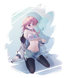 Rule 34 | 1girl, :p, absurdres, arknights, bare shoulders, black pants, blue poison (arknights), blue poison (shoal beat) (arknights), blue shorts, braid, breasts, camisole, chinese commentary, commentary request, crop top, drop shadow, earrings, grey jacket, hairband, highres, jacket, jewelry, leggings, long hair, long sleeves, looking at viewer, midriff, navel, off shoulder, official alternate costume, pants, pink hair, purple eyes, qinshi-ji, short shorts, shorts, small breasts, solo, spaghetti strap, sports bra, stomach, tongue, tongue out