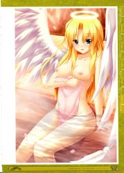 Rule 34 | 1girl, angel, angel wings, artbook, blonde hair, blue eyes, breasts, feathers, halo, highres, kamidori alchemy meister, legs, long hair, melodiana, nipples, nude, official art, onsen, partially submerged, scan, sitting, solo, steam, towel, water, wings, yakuri