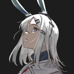 Rule 34 | 1girl, animal ears, arknights, black background, black eyes, black scarf, commentary, frostnova (arknights), grey hair, hair ornament, hair over one eye, hairclip, highres, jacket, long hair, looking up, parted lips, portrait, rabbit ears, reunion logo (arknights), scarf, simple background, solo, white jacket, zuiqiang zayu
