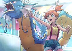 Rule 34 | 1girl, :d, commentary request, creatures (company), dragon, eyelashes, game freak, gen 1 pokemon, girl and dragon, green eyes, green shorts, gyarados, indoors, kotobukkii (yt lvlv), misty (pokemon), navel, nintendo, one side up, open mouth, orange hair, outstretched arm, pokemon, pokemon (anime), pokemon (creature), pokemon sm (anime), shirt, shorts, sleeveless, sleeveless shirt, smile, suspenders, teeth, tongue, upper teeth only, yellow shirt