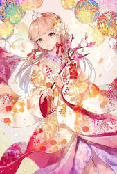 Rule 34 | 1girl, animal, animal on head, bird, blonde hair, branch, cherry blossoms, chinese zodiac, dress, dutch angle, floral print, flower, green eyes, hair flower, hair ornament, highres, japanese clothes, kimono, lamp, layered dress, long hair, looking at viewer, nail polish, natsuiro xx, on head, original, petals, sidelocks, smile, solo, wind, year of the rooster