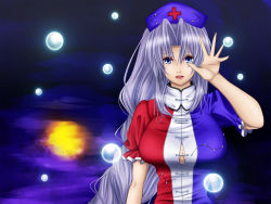 Rule 34 | 1girl, blue dress, blue eyes, braid, breasts, constellation, cross, dress, hat, highres, huge breasts, long hair, looking at viewer, multicolored clothes, multicolored dress, nurse cap, open mouth, puffy short sleeves, puffy sleeves, red cross, red dress, short sleeves, silver hair, single braid, solo, tears, touhou, untue, upper body, very long hair, yagokoro eirin