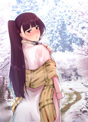 Rule 34 | 1girl, absurdres, back, blush, cherry blossoms, coat, cold, girls&#039; frontline, hair ribbon, hand up, highres, long hair, looking at viewer, open mouth, pink coat, purple hair, red eyes, ribbon, scarf, solo, standing, stigmamyu, wa2000 (girls&#039; frontline), winter, winter clothes