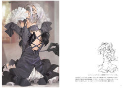 Rule 34 | 1girl, adjusting hair, arms up, back, black wings, dress, frilled dress, frills, long hair, looking back, moruga, nape, revision, rozen maiden, sitting, sketch, suigintou, wariza, white hair, wings