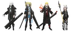 Rule 34 | 4000xl linear accellerator gun, 4girls, absurdres, asteroid ill, belt, black coat, black legwear, black pants, blonde hair, blue eyes, boots, bracelet, brown hair, choker, claws, cloud, coat, cornea (asteroid ill), dual wielding, expressionless, fire, fire, full body, green eyes, hair ornament, hair ribbon, hairclip, hairpin, halo, high collar, highres, holding, holding polearm, holding spear, holding sword, holding weapon, huge weapon, iris (asteroid ill), iz (asteroid ill), jacket, jewelry, long hair, long sleeves, looking at viewer, mechanical arms, mechanical halo, multiple girls, necktie, neon trim, numbered, open clothes, open coat, open hand, open mouth, original, pants, polearm, red eyes, ribbon, sclera (asteroid ill), see-through, serious, shirt, simple background, single mechanical arm, skirt, smile, spear, standing, straight hair, sword, thigh boots, thighhighs, twintails, weapon, white background, white hair, white shirt, wide sleeves, wire, yellow eyes, zipper