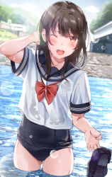 Rule 34 | 1girl, ;d, arm behind head, black footwear, black hair, black one-piece swimsuit, blurry, blurry background, bow, bowtie, commentary request, day, highres, holding, holding shoes, lens flare, long hair, looking at viewer, no pants, one-piece swimsuit, one eye closed, open mouth, original, outdoors, red bow, red bowtie, red eyes, school swimsuit, school uniform, serafuku, shoes, unworn shoes, short sleeves, smile, solo, swimsuit, tipii, wading, water, wet