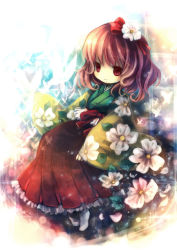Rule 34 | 1girl, bow, brown hair, bug, butterfly, female focus, flower, hair flower, hair ornament, hieda no akyuu, insect, japanese clothes, kimono, layered clothes, layered kimono, no nose, onineko, perfect memento in strict sense, red eyes, sitting, smile, socks, solo, touhou, white socks, wide sleeves