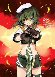 Rule 34 | &gt;:), 1girl, bandeau, black gloves, blush, closed mouth, cowboy shot, cropped jacket, dated, eyepatch, gloves, green bandeau, green eyes, green hair, green skirt, hair between eyes, hat, jacket, kantai collection, kiso (kancolle), odawara hakone, one-hour drawing challenge, race queen, sailor hat, short hair, short sleeves, skirt, smile, solo, twitter username, umbrella, white hat, white jacket