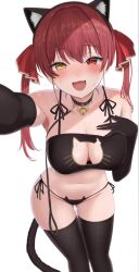 Rule 34 | 1girl, animal ears, bare shoulders, blush, breasts, cat ears, cat lingerie, cleavage, cleavage cutout, clothing cutout, commentary, fang, gloves, hair ribbon, heterochromia, highres, hololive, houshou marine, large breasts, looking at viewer, meme attire, navel, open mouth, red eyes, red hair, ribbon, smile, solo, tail, thighhighs, tojo aoi, twintails, virtual youtuber, yellow eyes