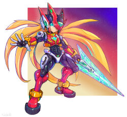 Rule 34 | 1boy, abs, adapted costume, armor, blonde hair, blue eyes, boots, chest jewel, energy sword, forehead jewel, full body, glint, glowing, glowing eyes, gradient background, highres, holding, holding sword, holding weapon, long hair, mega man (series), mega man zero (series), oomasa teikoku, outstretched arm, red armor, red footwear, red helmet, solo, star (sky), sword, weapon, z saber, zero(z) (mega man), zero (mega man)