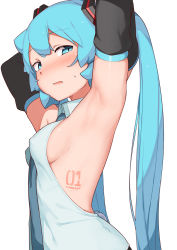 Rule 34 | 1girl, abmayo, aqua hair, armpits, arms up, blush, breasts, clothes pull, commentary request, covered erect nipples, detached sleeves, hatsune miku, highres, long hair, looking at viewer, medium breasts, necktie, no bra, open mouth, redrawn, shiny skin, shirt, simple background, small breasts, solo, sweatdrop, tattoo, twintails, upper body, very long hair, vocaloid, white background