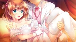 Rule 34 | 1girl, bare shoulders, bed, blush, breasts, cleavage, collarbone, dress, game cg, gloves, golden marriage, green eyes, hayakawa harui, highres, large breasts, legs, looking at viewer, open mouth, orange hair, short hair, sitting, tange kasumi, thighhighs, thighs