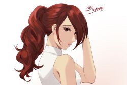 Rule 34 | 1girl, aznmeee, bare shoulders, breasts, commentary request, eyelashes, gradient background, hair over one eye, hand up, highres, kirijou mitsuru, lips, long hair, looking at viewer, medium breasts, parted bangs, persona, persona 3, pink background, ponytail, red hair, shadow, shirt, sidelocks, signature, sleeveless, sleeveless shirt, solo, turtleneck, twitter username, upper body, white background