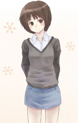 Rule 34 | 1girl, amagami, arms behind back, blush, breasts, brown eyes, brown hair, clothes lift, commentary, cowboy shot, denim, denim skirt, dress shirt, gradient background, grey sweater, hair strand, head tilt, looking at viewer, purea, shirt, short hair, skirt, skirt lift, small breasts, smile, snowflakes, solo, standing, sweater, tachibana miya, white background, white shirt