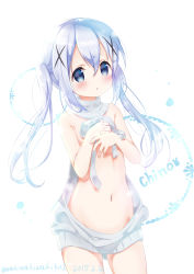 Rule 34 | 1girl, 2017, :o, bare arms, bare shoulders, blue eyes, blue hair, blush, character name, chestnut mouth, covering privates, covering breasts, cowboy shot, dated, drawstring, dress, flat chest, gochuumon wa usagi desu ka?, hair between eyes, hair ornament, hairclip, halterneck, heart, heart-shaped pupils, highres, kafuu chino, long hair, looking at viewer, meme attire, naked sweater, navel, neki (wakiko), open mouth, ribbed sweater, sidelocks, solo, stomach, sweater, sweater dress, symbol-shaped pupils, turtleneck, turtleneck sweater, twintails, twitter username, virgin killer sweater, wardrobe error, white background, white sweater, x hair ornament