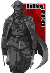 Rule 34 | 1boy, hat, hellboy (comic), karl ruprecht kroenen, male focus, mask, military, military uniform, solo, uniform, weapon, white background