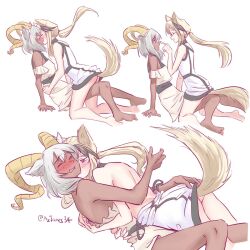 Rule 34 | 2girls, animal ears, anjuro zeeku, arknights, ass, ass grab, assisted exposure, bare legs, barefoot, beeswax (arknights), blush, breasts, cardigan, cardigan (arknights), closed eyes, clothes, clothes pull, collage, commission, dark-skinned female, dark skin, dog ears, dog girl, dog tail, dress, face-to-face, finger on nose, goat ears, goat girl, goat horns, gold horns, grabbing another&#039;s ass, groping, hair between eyes, hand on another&#039;s ass, highres, horns, hug, infection monitor (arknights), kiss, kissing neck, leaning back, long hair, looking at another, multicolored hair, multiple girls, open mouth, purple eyes, signature, simple background, sitting, sitting on person, small breasts, smile, streaked hair, surprise kiss, surprised, tail, thighs, toes, white cardigan, white dress, white hair, yellow eyes, yuri