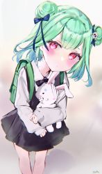 Rule 34 | 1girl, absurdres, bad id, bad twitter id, black bow, black bowtie, black dress, blush, bow, bowtie, closed mouth, double bun, dress, green hair, hair bun, head tilt, highres, holding, holding stuffed toy, hololive, long sleeves, looking at viewer, mile (off8mile), pinafore dress, red eyes, shirt, sleeveless, sleeveless dress, solo, stuffed animal, stuffed rabbit, stuffed toy, uruha rushia, uruha rushia (3rd costume), virtual youtuber, white shirt