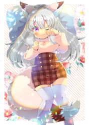 Rule 34 | 1girl, ;3, animal ear fluff, animal ears, blush, breasts, brown skirt, cleavage, cleavage cutout, closed mouth, clothing cutout, diagonal stripes, feet out of frame, flower, fox ears, fox girl, fox tail, grey hair, grey thighhighs, hair between eyes, hand up, high-waist skirt, indie virtual youtuber, knees together feet apart, kou hiyoyo, long hair, lying, medium breasts, on back, one eye closed, pillow, piper rose, plaid, plaid skirt, ponytail, puffy short sleeves, puffy sleeves, purple eyes, red flower, rubbing eyes, shirt, short sleeves, skirt, sleepy, solo, striped, striped background, tail, thighhighs, very long hair, virtual youtuber, waking up, white flower, white shirt