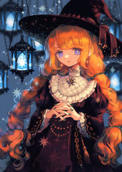 Rule 34 | 1girl, bad id, bad pixiv id, black dress, black hat, blurry, bow, braid, bright pupils, chain, depth of field, dress, earrings, expressionless, feet out of frame, green nails, hat, hat bow, interlocked fingers, jewelry, juliet sleeves, lace-trimmed sleeves, lace trim, lantern, long hair, long sleeves, looking at viewer, mariko (leda), nail polish, octagram, orange hair, original, own hands together, puffy sleeves, purple eyes, solo, star (symbol), star earrings, twin braids, white pupils, wide sleeves, witch hat