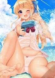 Rule 34 | 1girl, ;d, alternate hairstyle, arm up, barefoot, blonde hair, blue bow, blue sky, blush, bow, bow panties, bra, cloud, day, dress shirt, feet, groin, hair bow, hair ornament, hairclip, highres, holding, in water, kin-iro mosaic, knee up, kujou karen, long hair, midriff, minato ojitan, navel, no pants, ocean, one eye closed, open mouth, outdoors, panties, ponytail, red neckwear, see-through, shallow water, shirt, short sleeves, sidelocks, sitting, sky, smile, solo, thighs, toes, underwear, water, water drop, water gun, wet, wet clothes, white bra, white panties, white shirt, x hair ornament