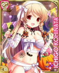 Rule 34 | 1girl, :d, barefoot, bedroom, black bow, blonde hair, bow, breasts, candy, card, character name, cleavage, food, girlfriend (kari), hair ornament, hairclip, halloween, halloween costume, indoors, kohinata ichigo, long hair, midriff, mummy costume, navel, night, official art, open mouth, pumpkin, qp:flapper, red eyes, smile, standing, tagme, white bandages