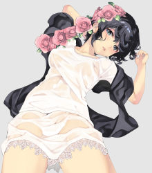 Rule 34 | 1girl, arm behind head, arms up, black hair, blue eyes, blush, breasts, collarbone, flower, foreshortening, grey background, hair flower, hair ornament, head tilt, lips, looking at viewer, lying, medium breasts, naruse hirofumi, no bra, no panties, on back, open mouth, original, pink flower, pink rose, rose, see-through, shawl, shirt, short hair, simple background, skirt, solo, thighs, wet, wet clothes, wet shirt, wet skirt, white shirt, white skirt