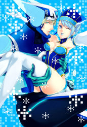 Rule 34 | 10s, 1girl, adapted costume, armor, bare shoulders, barnaby brooks jr., blonde hair, blue eyes, blue hair, blue rose (tiger &amp; bunny), breasts, carrying, cleavage, earrings, elbow gloves, gloves, green eyes, hat, jewelry, karina lyle, lipstick, makeup, medium breasts, nightk, one eye closed, power armor, power suit, princess carry, short hair, superhero costume, tiger &amp; bunny, wink