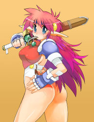 Rule 34 | 1girl, armor, ass, bad anatomy, blue eyes, breasts, cowboy shot, cross scar, eating, falcom, fingerless gloves, food in mouth, gloves, hand on own hip, headband, hip focus, holding, holding sword, holding weapon, leotard, lizard, long hair, mail (popful mail), messy hair, mouth hold, muramasa mikado, orange background, pointy ears, popful mail, popful mail (character), red hair, scabbard, scar, sheath, sheathed, sideboob, simple background, solo, sword, weapon