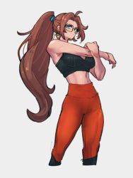 Rule 34 | 1girl, alternate costume, alternate hairstyle, android 21, blue eyes, breasts, dragon ball, dragon ball fighterz, earrings, glasses, grey background, hoop earrings, jewelry, kemachiku, long hair, looking at viewer, medium breasts, ponytail, simple background, solo, standing