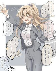 Rule 34 | 1girl, aged up, alternate costume, alternate hairstyle, black ribbon, business suit, collared shirt, formal, grey pants, grey suit, hair flaps, hair ornament, hair ribbon, hair scrunchie, hairclip, highres, kantai collection, kirisaki seeker, long sleeves, office lady, open mouth, pants, ponytail, ribbon, scrunchie, shirt, sidelocks, solo, speech bubble, suit, translation request, white scrunchie, white shirt, yuudachi (kancolle), yuudachi kai ni (kancolle)