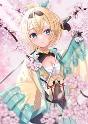 Rule 34 | 1girl, arm up, black gloves, blonde hair, blurry, blurry foreground, breasts, cherry blossoms, cherry tree, chest sarashi, cleavage, collarbone, covered navel, crossed bangs, dutch angle, falling petals, fingerless gloves, gloves, green eyes, haori, holding, holding sword, holding weapon, hololive, japanese clothes, katana, kazama iroha, kimono, long hair, oozora halu, open mouth, petals, ponytail, sarashi, signature, simple background, solo, sword, virtual youtuber, weapon, weapon on back, white kimono, wind