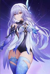 Rule 34 | 1girl, absurdres, bare shoulders, blue thighhighs, breasts, commentary request, cowboy shot, elbow gloves, genshin impact, gloves, grey hair, hair ornament, highres, long hair, looking at viewer, medium breasts, pink eyes, sinonomemikann, skindentation, skirk (genshin impact), solo, standing, thighhighs, thighs, torn clothes, torn thighhighs, very long hair